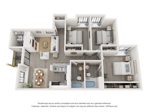 Floor plan for 3 beds, 2 baths, 1200 sqft